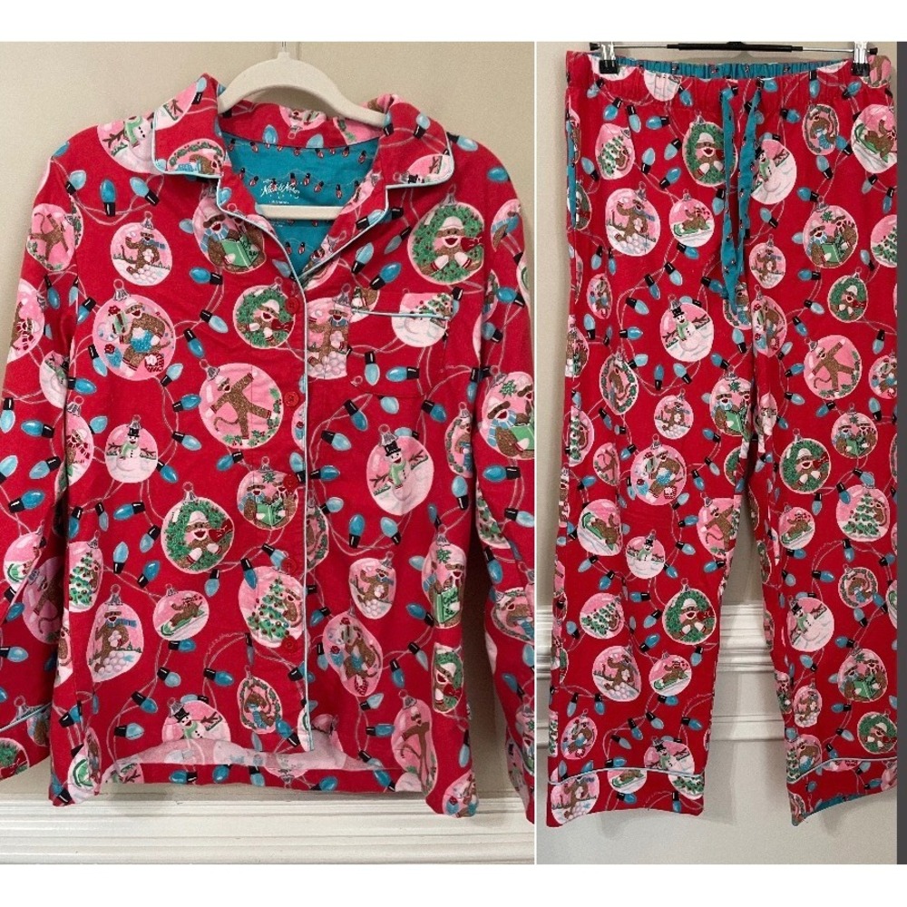 Nick & Nora Womens Size M Red Flannel Sock Monkey Christmas Ornament Pajama Set